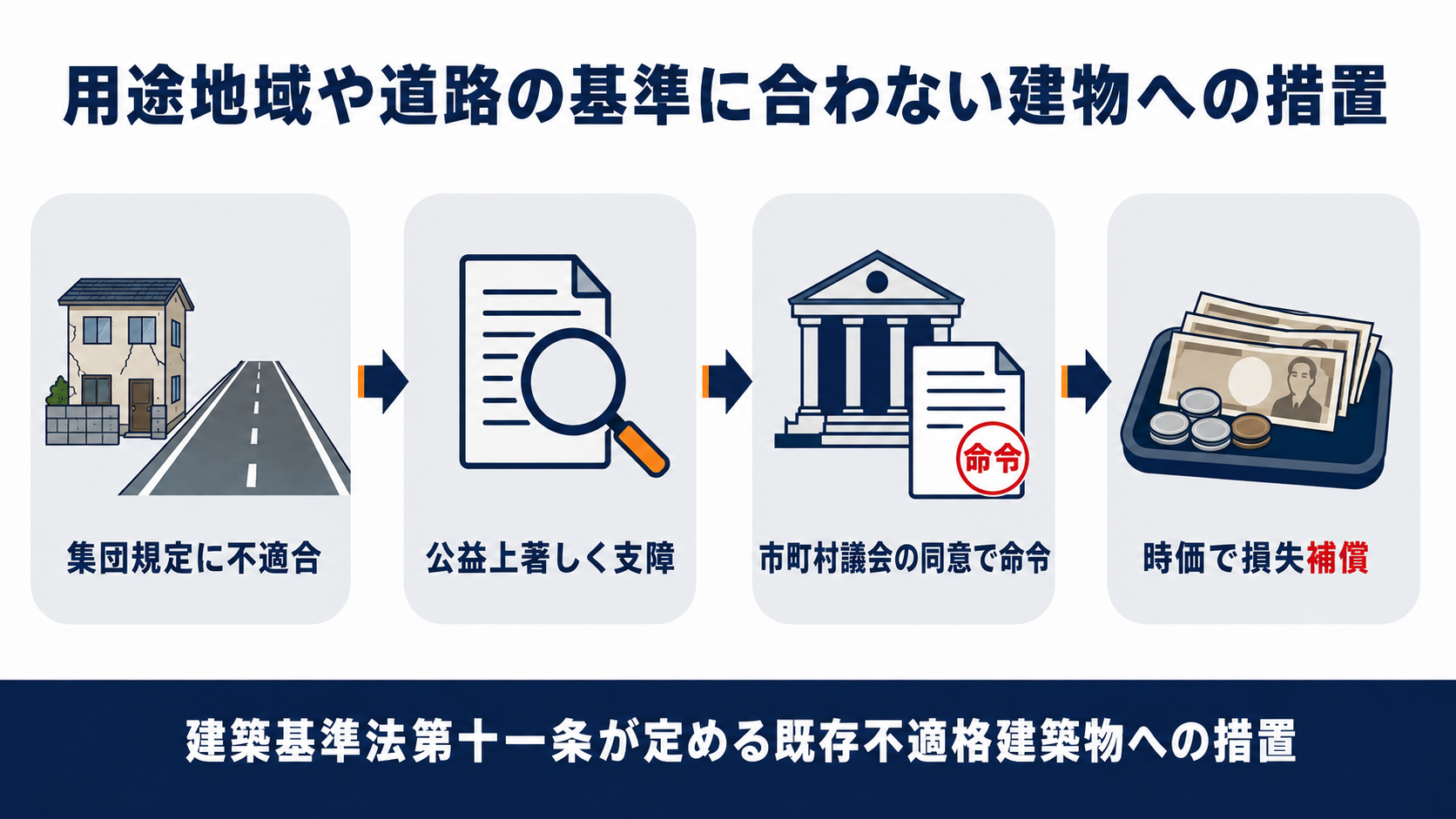 用途地域や道路の基準に合わない建物への措置と補償の流れを示した図解