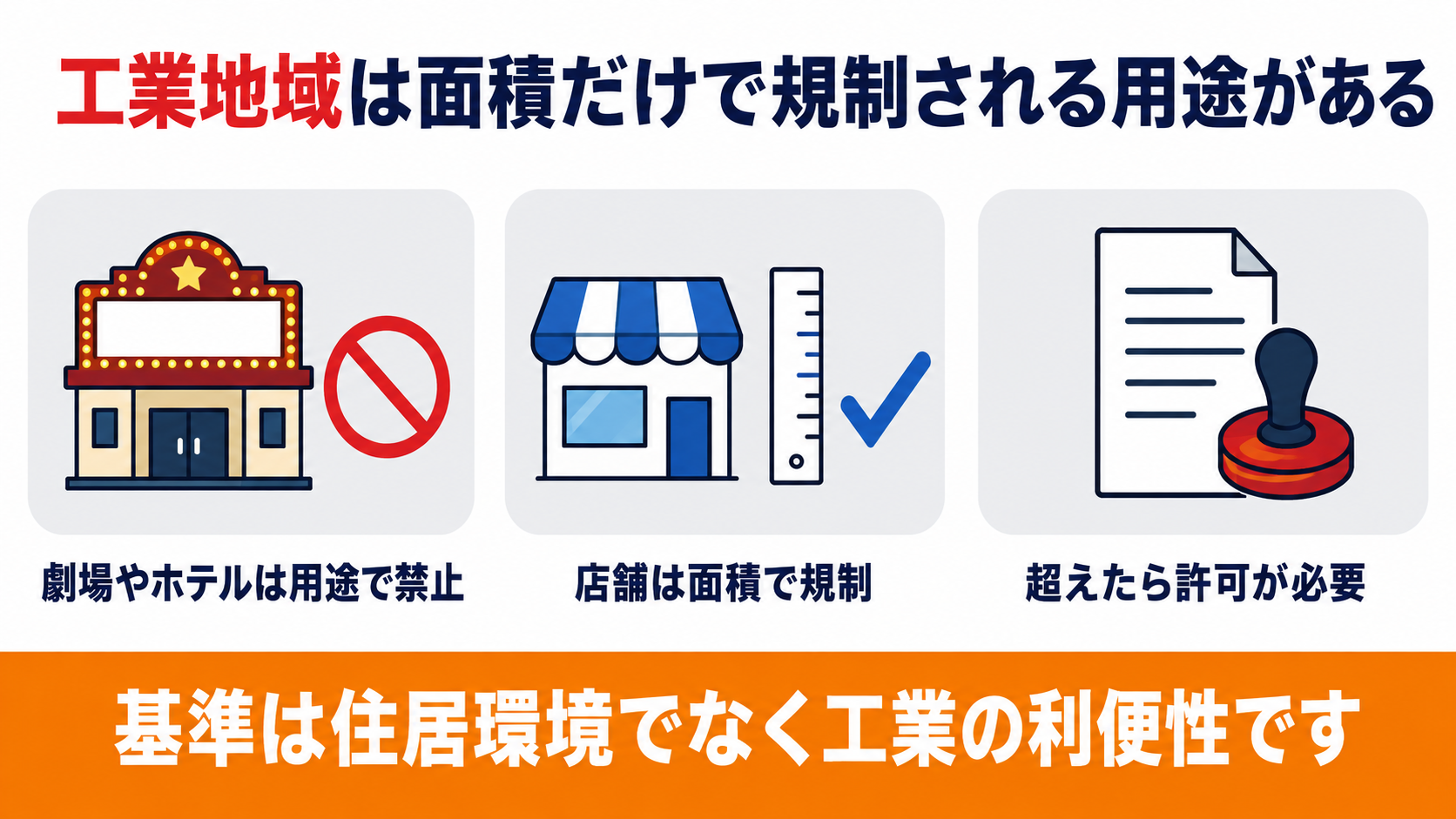 工業地域では店舗が面積で規制され超えると許可が必要になることを示す図解