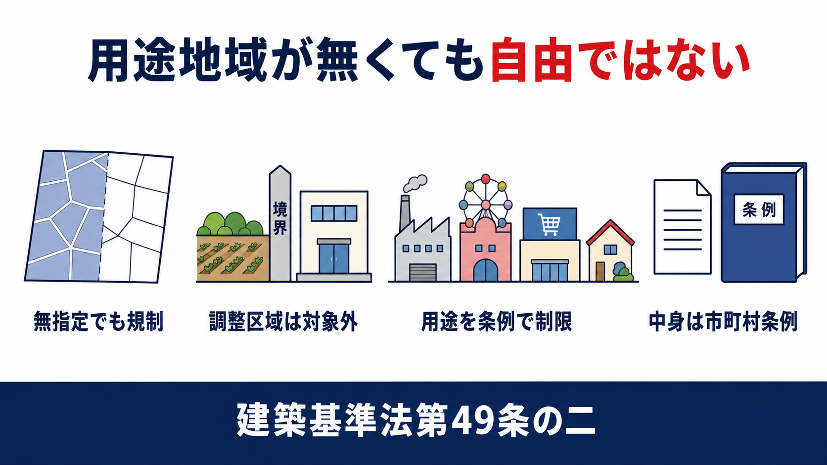 用途地域が無い土地でも規制されること対象は市街化調整区域を除くこと制限される用途は条例で決まること中身は市町村条例であることをまとめた図解