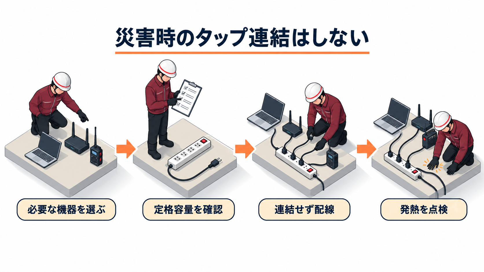 災害時の臨時電源でテーブルタップを連結せず定格容量と配線を確認して安全に給電する流れのアイソメ図