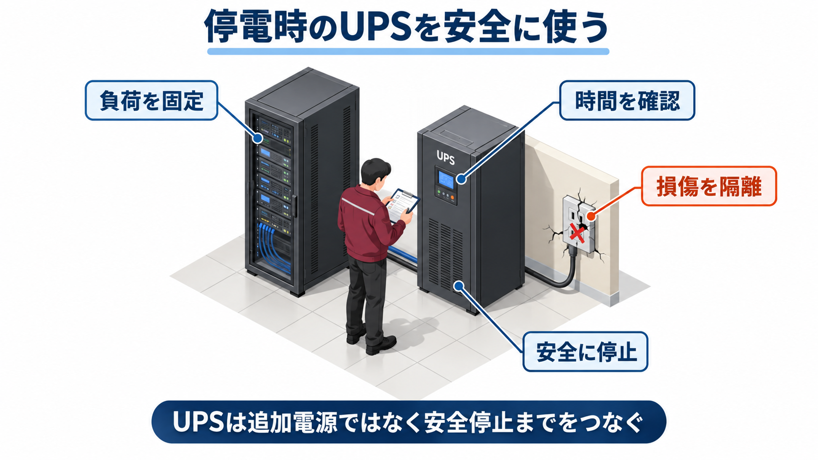 停電時のUPSについて負荷固定から残り時間と損傷回路の隔離と安全停止までを示す中央一場面のアイソメ図