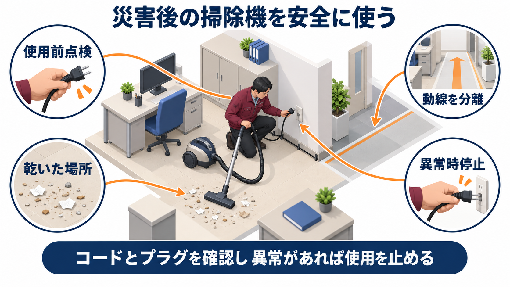 災害後の掃除機について使用前点検と乾いた場所と動線分離と異常時停止を示す中央一場面のアイソメ図