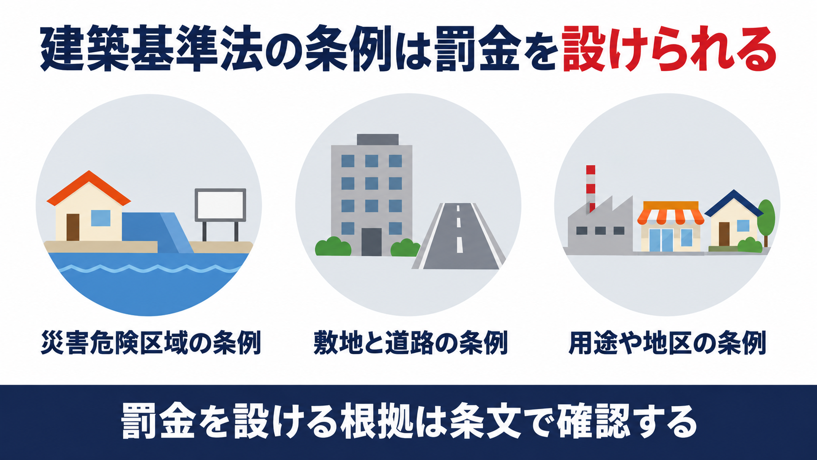 建築基準法第107条が災害危険区域と敷地と道路と用途や地区の条例に罰金を設けられるとする仕組みを示す図解