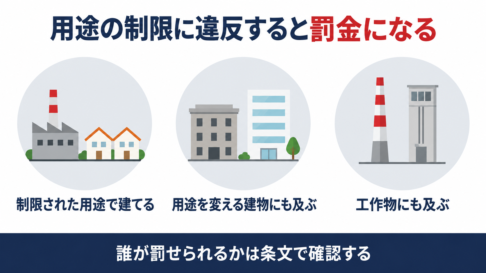 建築基準法第101条が用途の制限に違反した建築主や築造主と用途を変更した建築物の所有者と工作物の所有者を100万円以下の罰金で罰する仕組みを示す図解