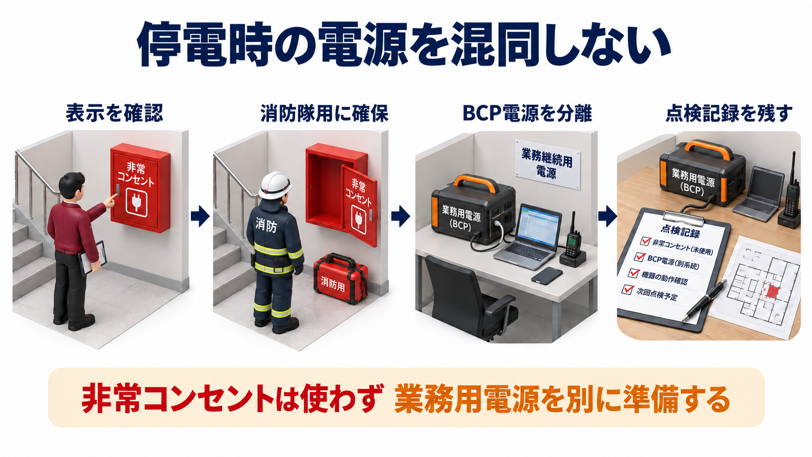 非常コンセントを消防隊用に確保して業務用のBCP電源を分け点検記録を残す流れのアイソメ図