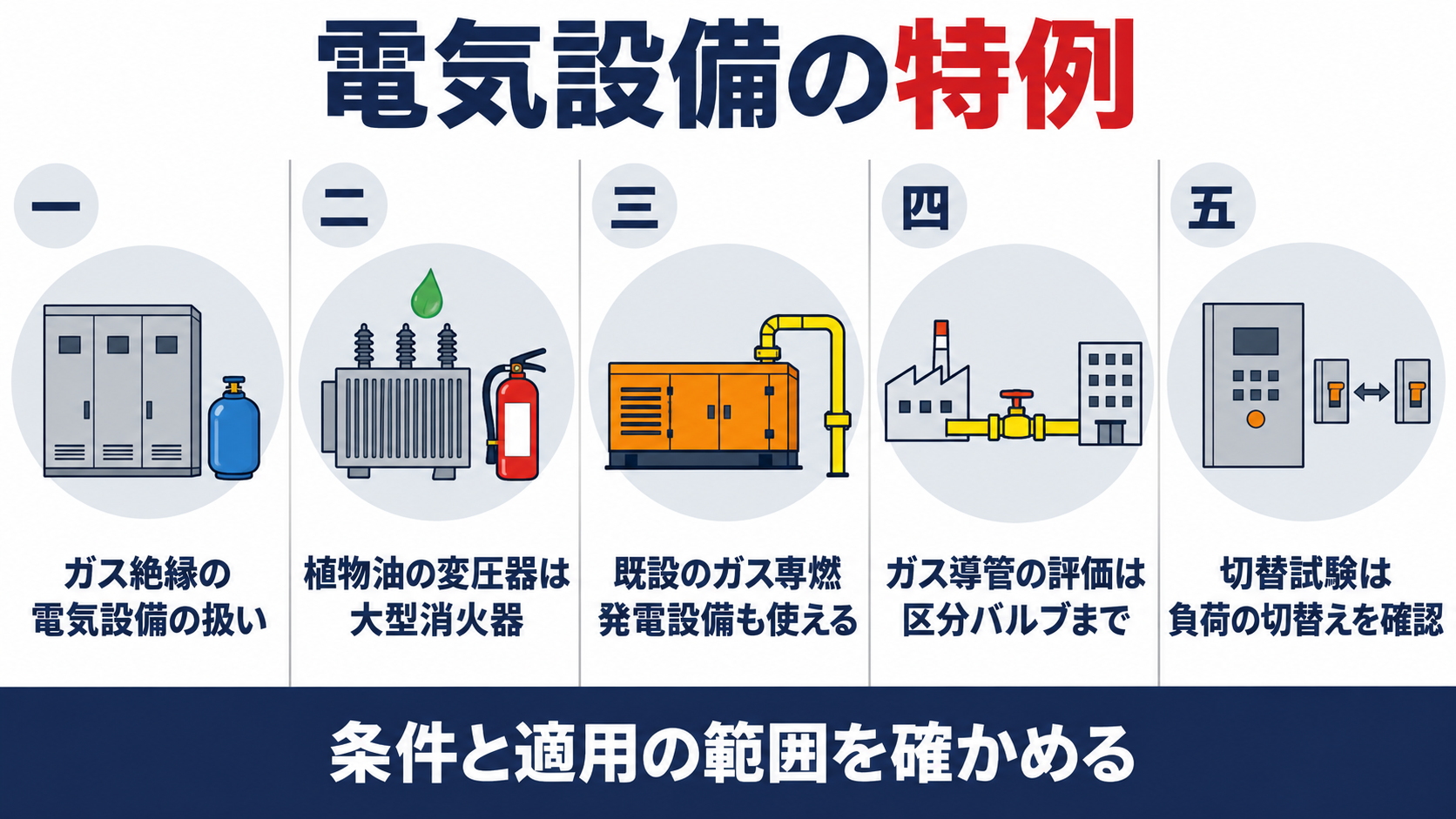 電気設備の特例の五題として、ガス絶縁の電気設備の扱い、植物油の変圧器は大型消火器、既設のガス専燃発電設備も使える、ガス導管の評価は区分バルブまで、切替試験は負荷の切替えを確認、を並べた図解