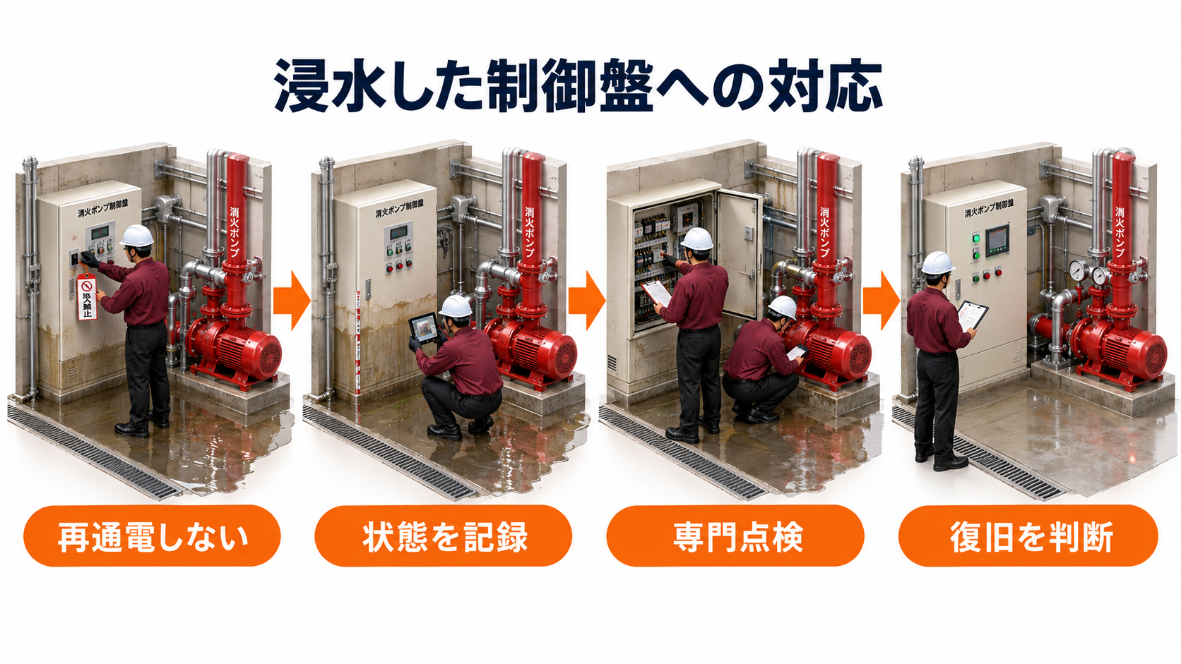 浸水した制御盤を遮断から専門点検と復旧判断へつなぐ流れのアイソメ図