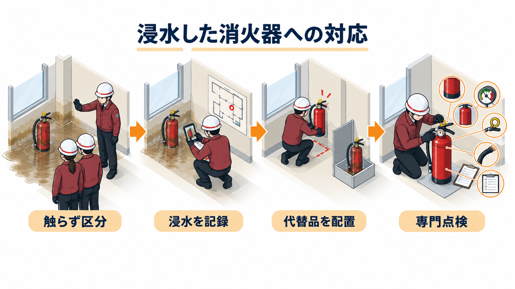 浸水した消火器を記録して代替消火器を配置し専門確認へつなぐ流れのアイソメ図