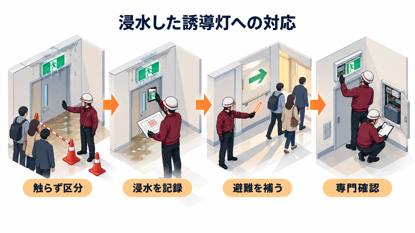 浸水した誘導灯を区分して避難案内を補い専門確認から復旧記録まで進める流れのアイソメ図