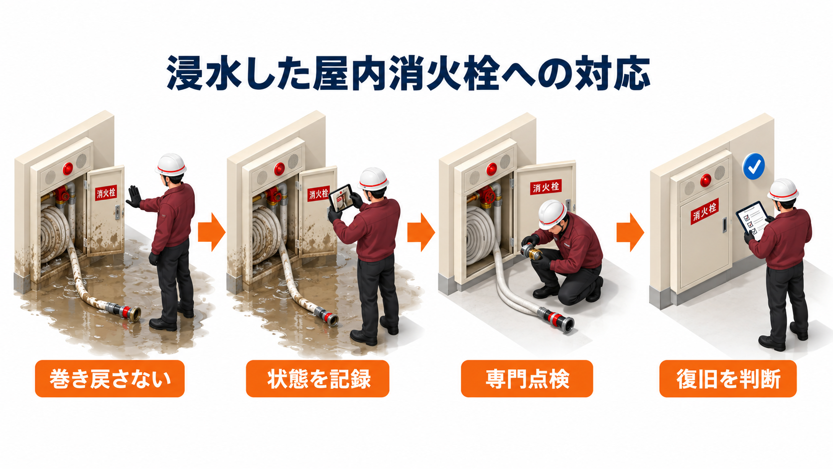 浸水した屋内消火栓の記録から専門点検と復旧判断へつなぐ流れのアイソメ図