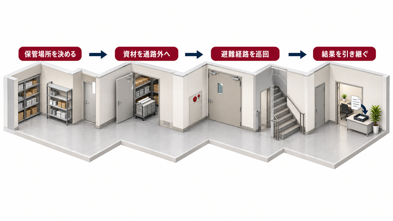 災害復旧工事の資材を通路外へ保管し避難経路の巡回結果を引き継ぐ流れ