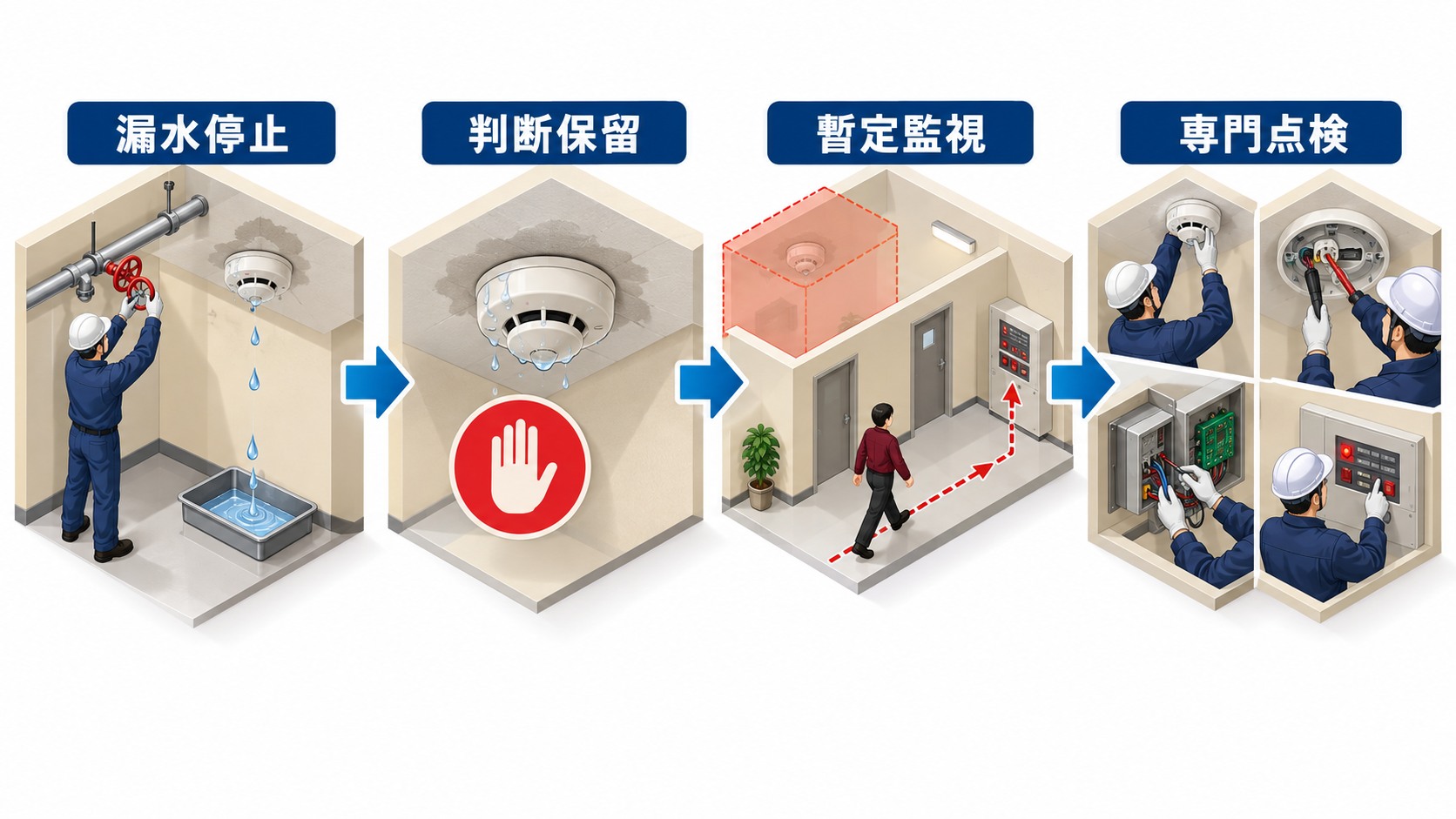 火災感知器の水濡れを発見して漏水停止と判断保留と暫定監視を経て専門点検へ進む四段階の横長インフォグラフィック