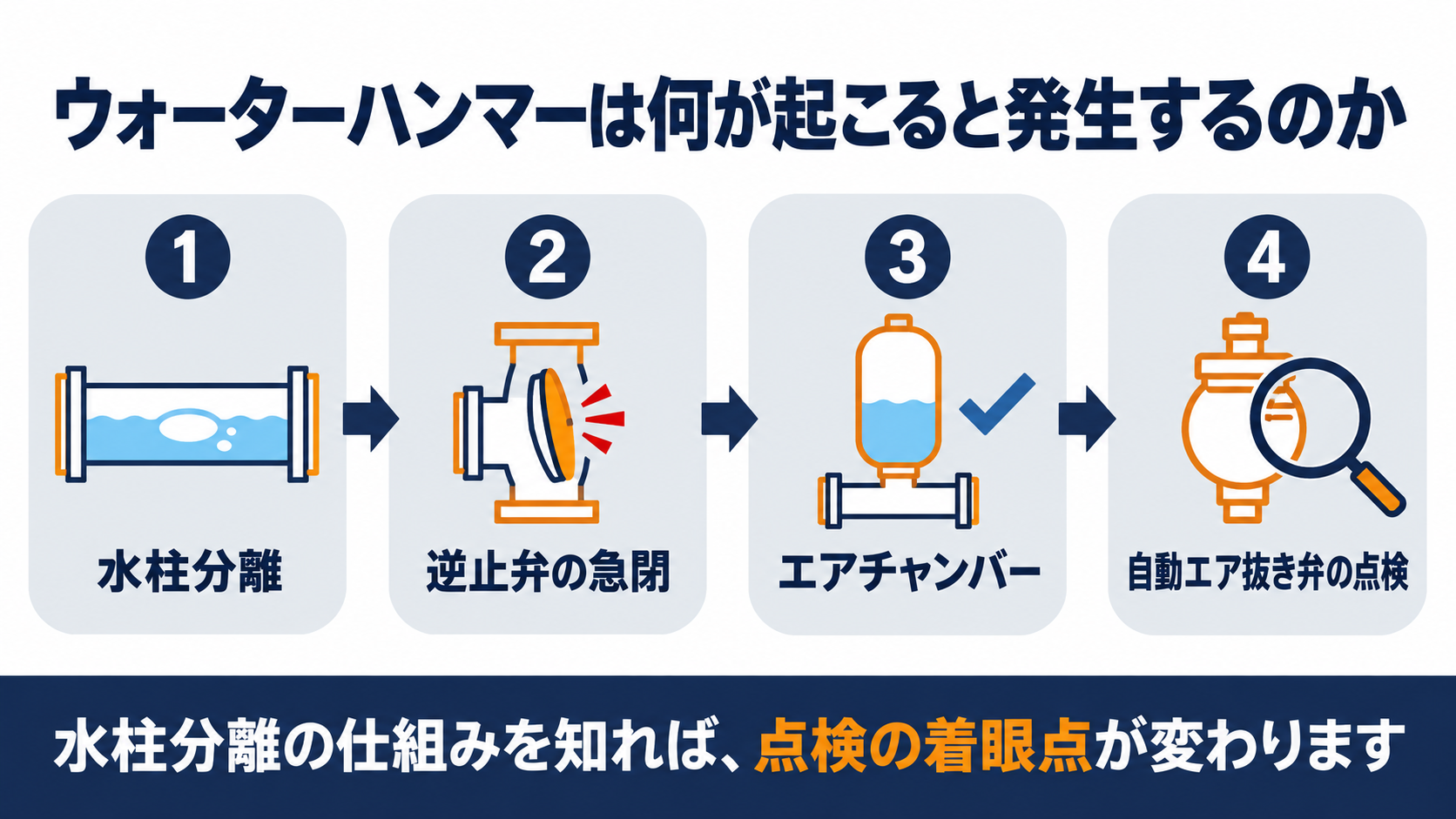 ウォーターハンマーが水柱分離から逆止弁の急閉、エアチャンバーによる防止までの流れを示すインフォグラフィック