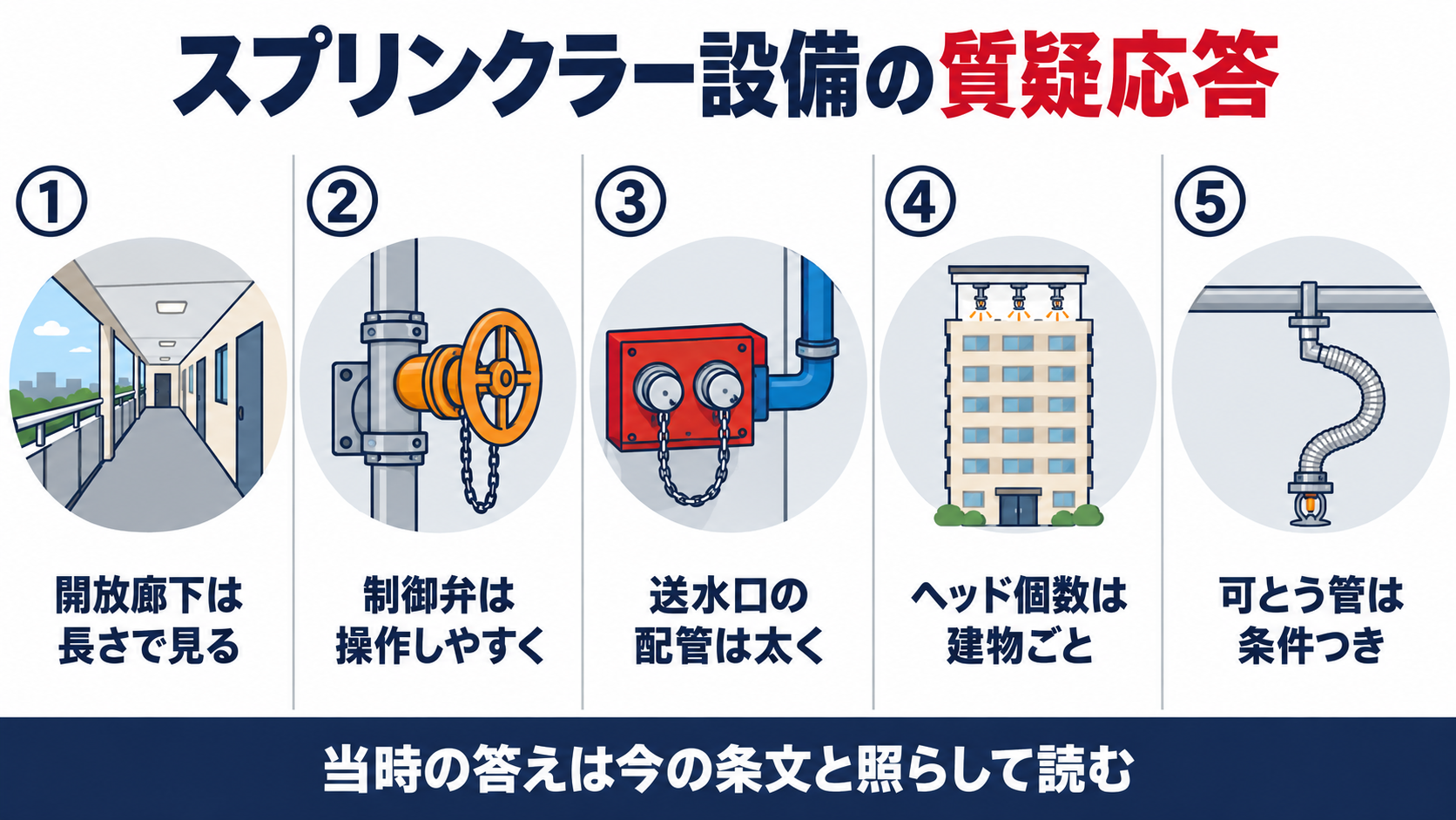 スプリンクラー設備の質疑応答５問として、開放廊下の長さ、制御弁の場所、送水口の配管、ヘッドの個数、フレキシブル管の使用条件を並べた図解