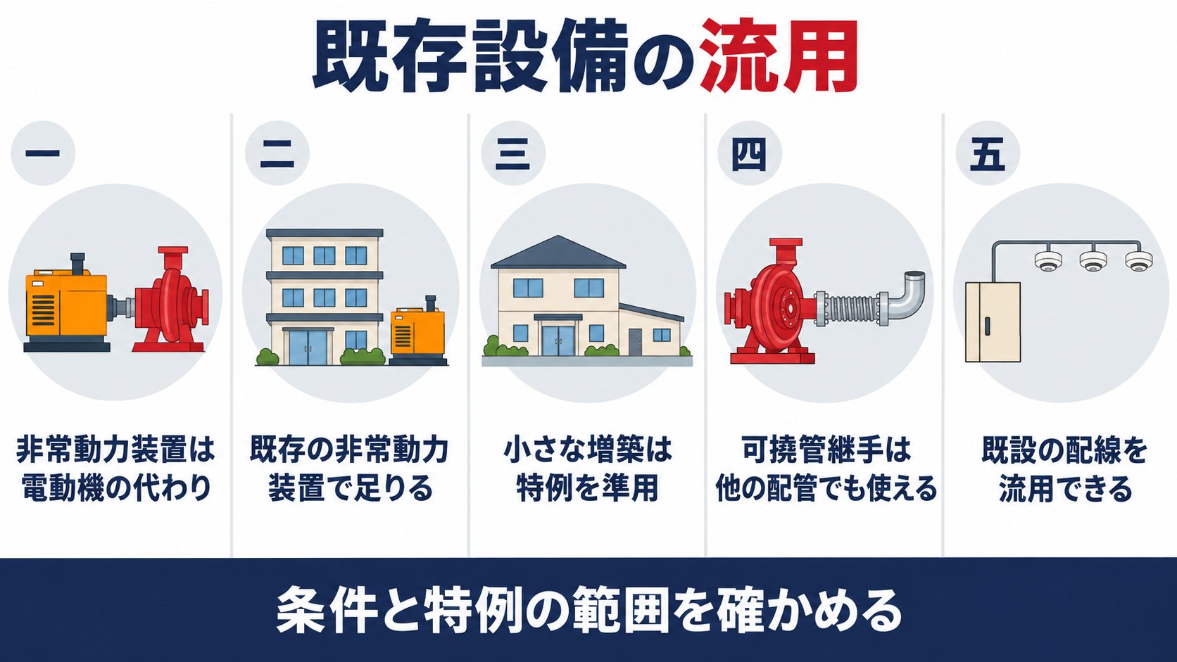既存設備の流用の五題として、非常動力装置は電動機の代わり、既存の非常動力装置で足りる、小さな増築は特例を準用、可撓管継手は他の配管でも使える、既設の配線を流用できる、を並べた図解