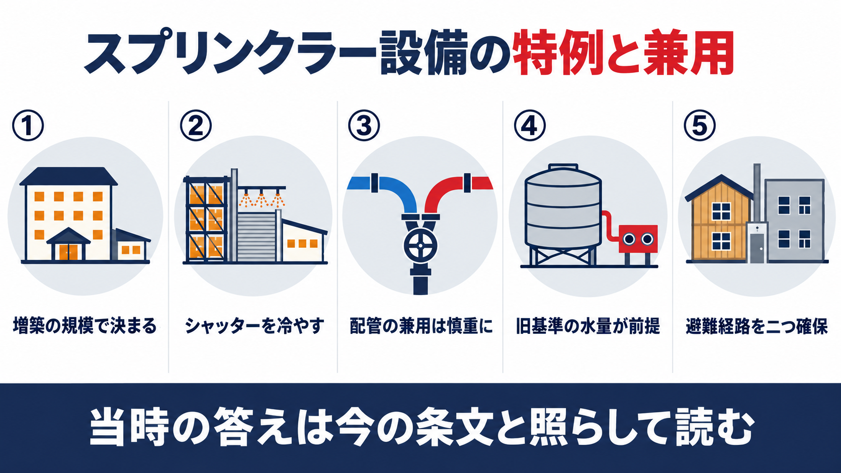 スプリンクラー設備の特例と兼用の質疑応答５問として、増築の規模、防火シャッターの冷却、配管の兼用、旧基準の水量、避難経路の確保を並べた図解