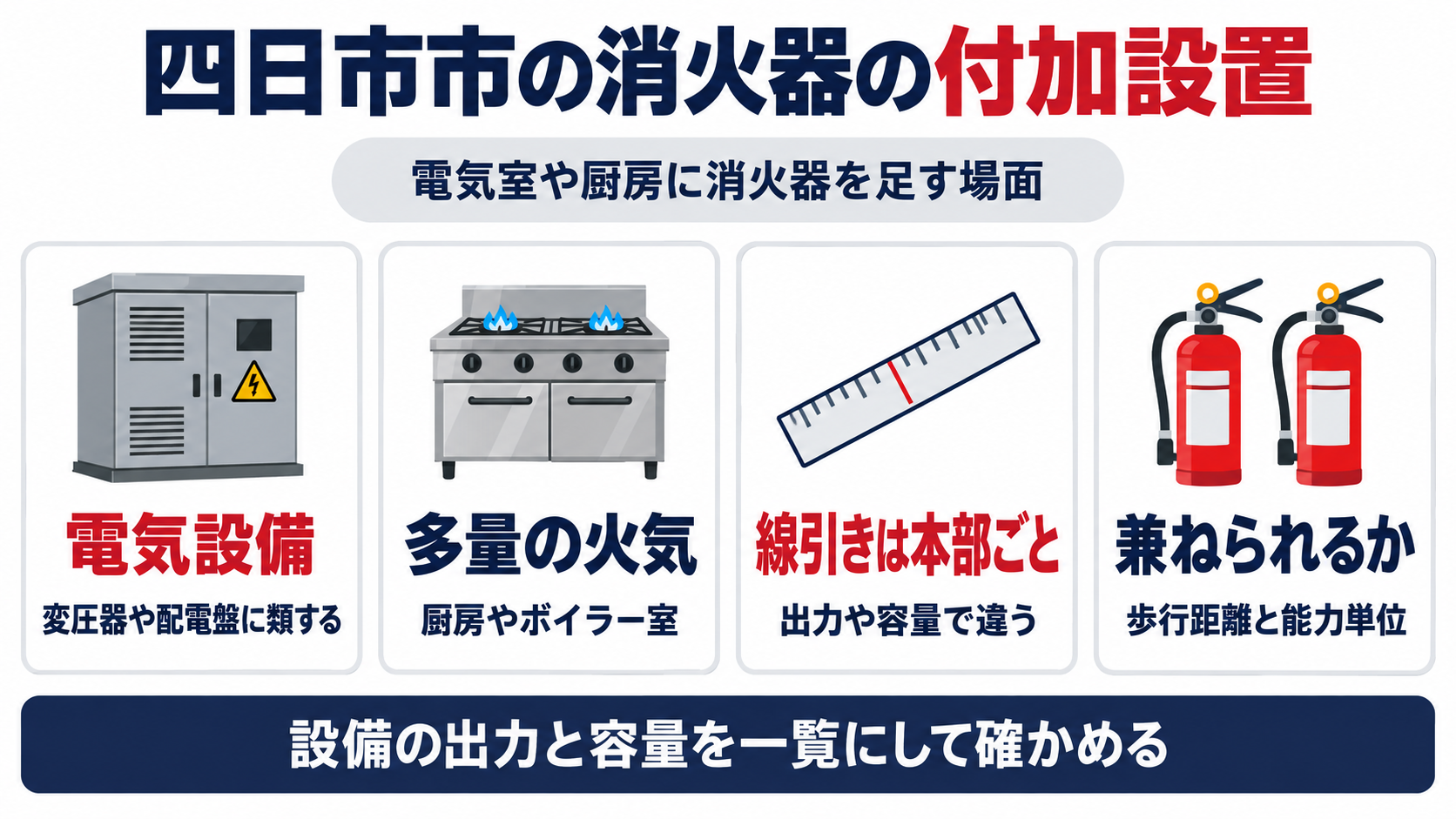 四日市市の消火器の付加設置として、変圧器や配電盤に類する電気設備、厨房やボイラー室の多量の火気、出力や容量で違う本部ごとの線引き、歩行距離と能力単位で兼ねられるかを並べた図解