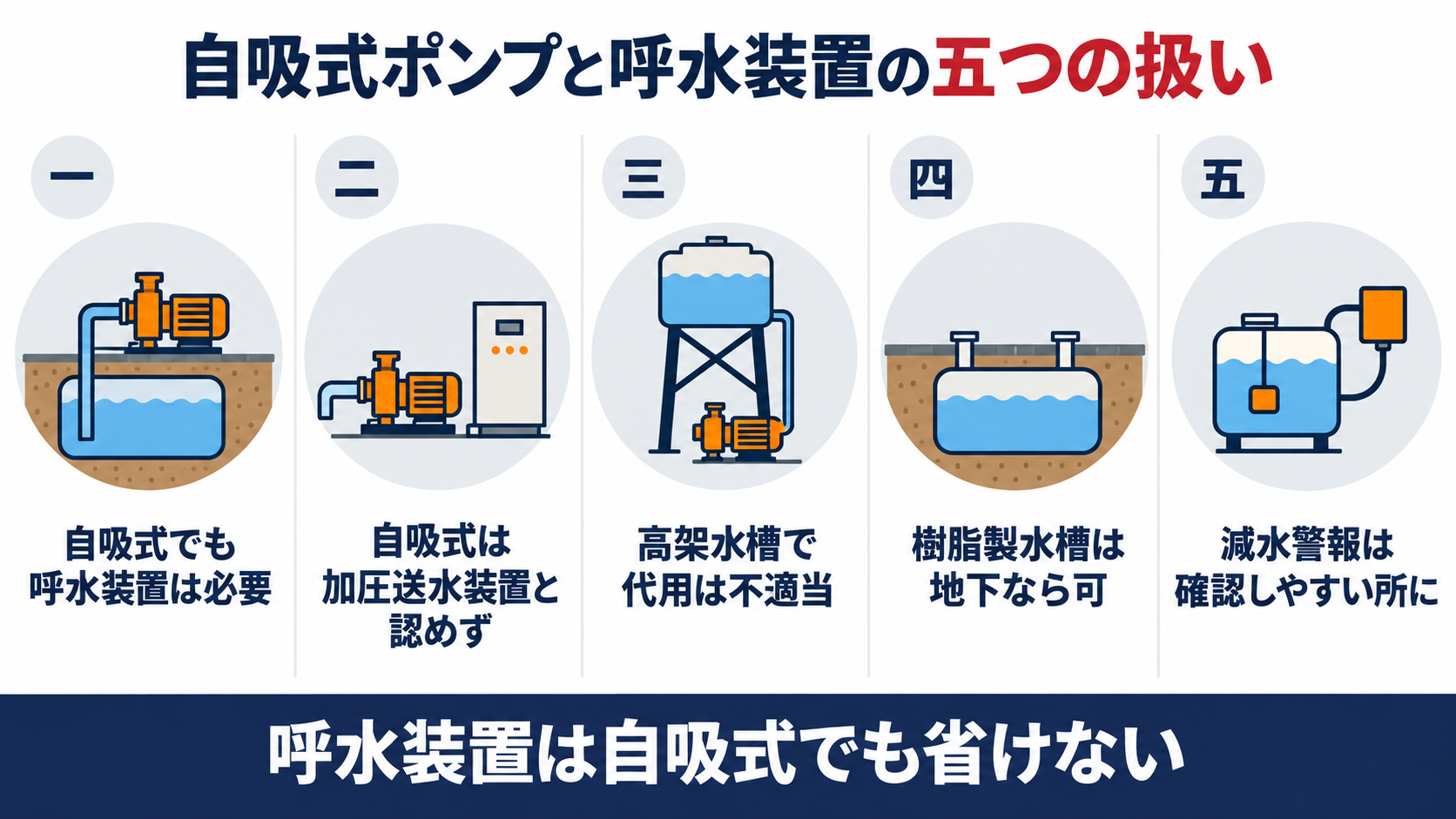 自吸式ポンプと呼水装置の五つの扱いとして、自吸式でも呼水装置は必要、自吸式は加圧送水装置と認めず、高架水槽での代用は不適当、樹脂製水槽は地下なら可、減水警報は確認しやすい所に、を並べた図解
