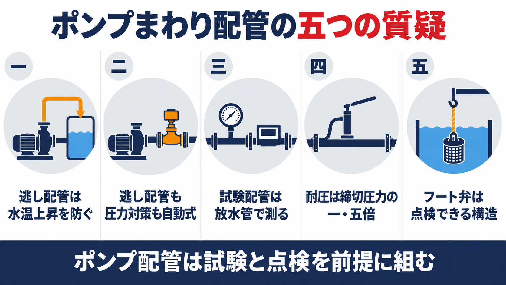 ポンプまわり配管の五つの質疑として、逃し配管は水温上昇を防ぐ、逃し配管も圧力対策も自動式、試験配管は放水管で測る、耐圧は締切圧力の一・五倍、フート弁は点検できる構造、を並べた図解