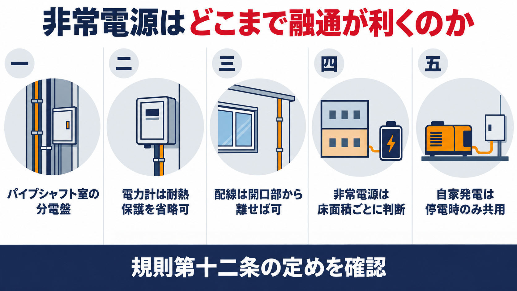 非常電源はどこまで融通が利くのかとして、パイプシャフト室の分電盤、電力計は耐熱保護を省略可、配線は開口部から離せば可、非常電源は床面積ごとに判断、自家発電は停電時のみ共用、を並べた図解