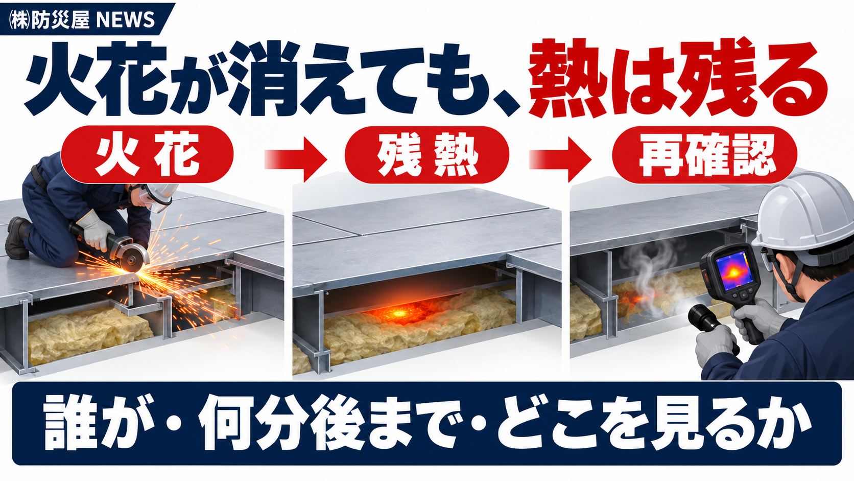 火花が消えても残熱が残るため作業後の再確認が必要だと示す図解