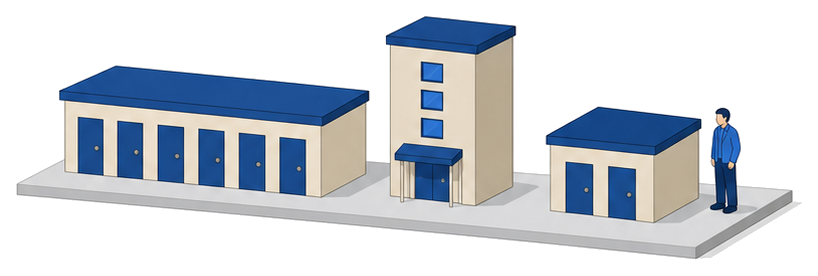 扉が並ぶ低い建物と窓が並ぶ建物と小さな建物と立っている人