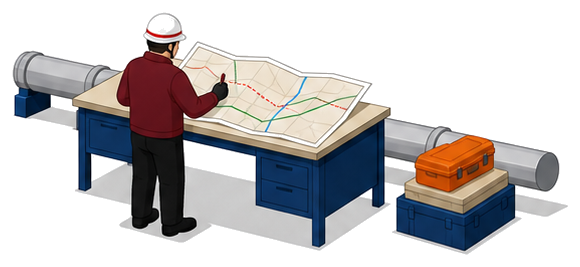 担当者が配管の経路図と資機材を確認する場面