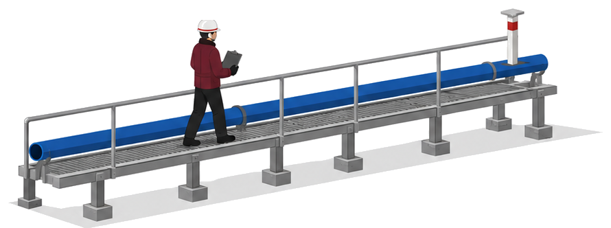 担当者が配管経路を巡回しながら標識の設置状況を確認する場面