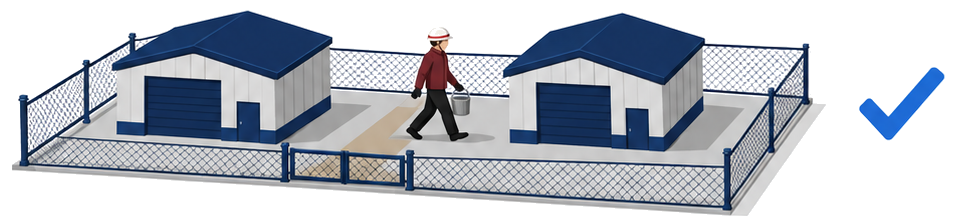 同じ柵の中にある二棟の建物の間をバケツを持つ担当者が行き来するイメージ