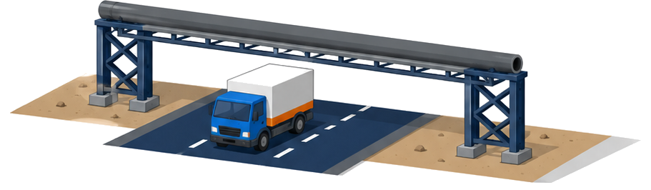道路の上を高架で横断するトラックの上の配管