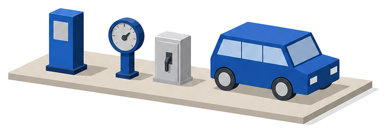 充電器の横に計器と開閉器の箱が並び電気自動車がケーブルにつながっていない様子を描いた図