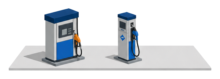 ガソリンの計量機と圧縮天然ガスの充塡設備を並べて設置した給油所のイラスト