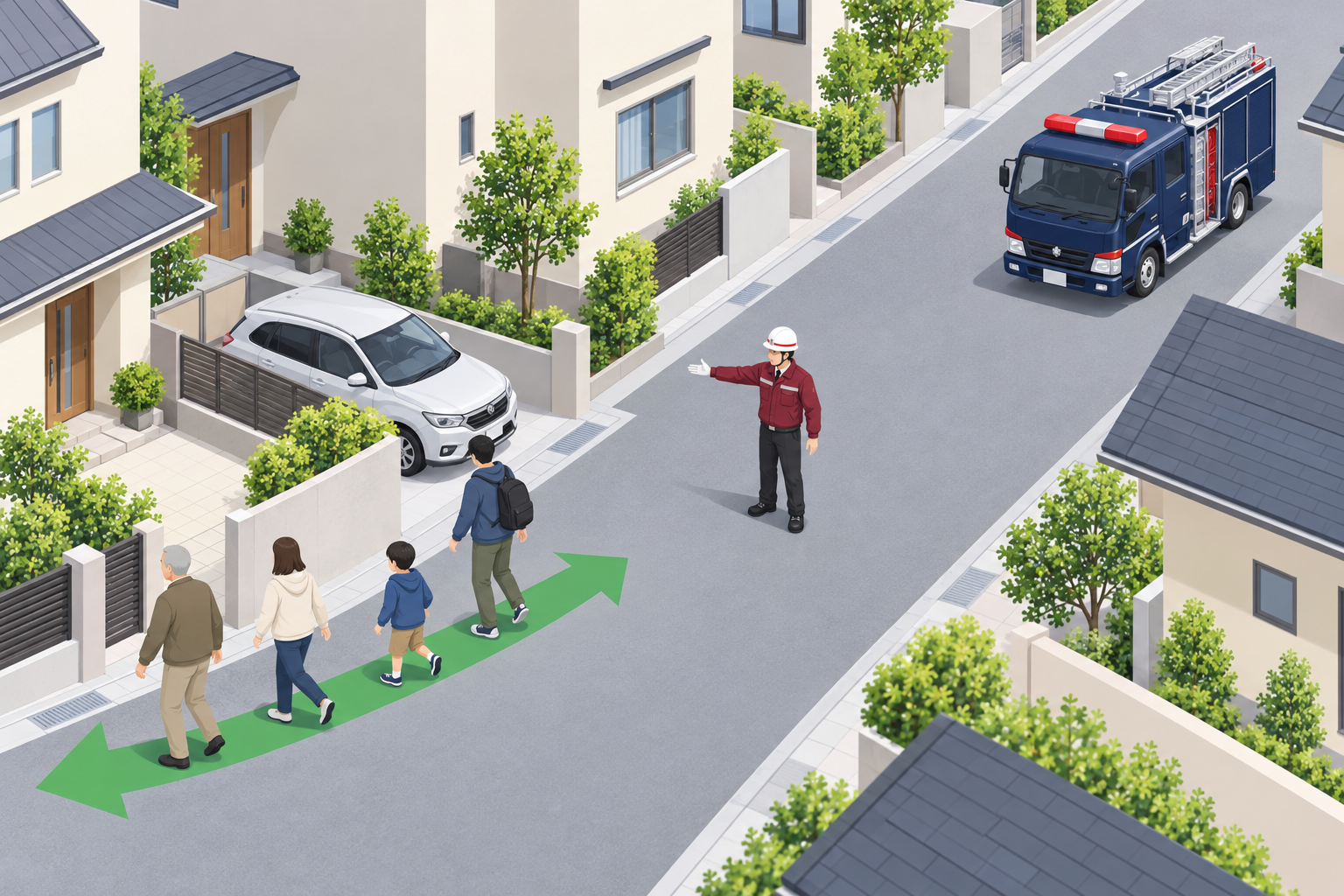 住宅街で避難と消防活動の動線を分ける一般的なアイソメ図解