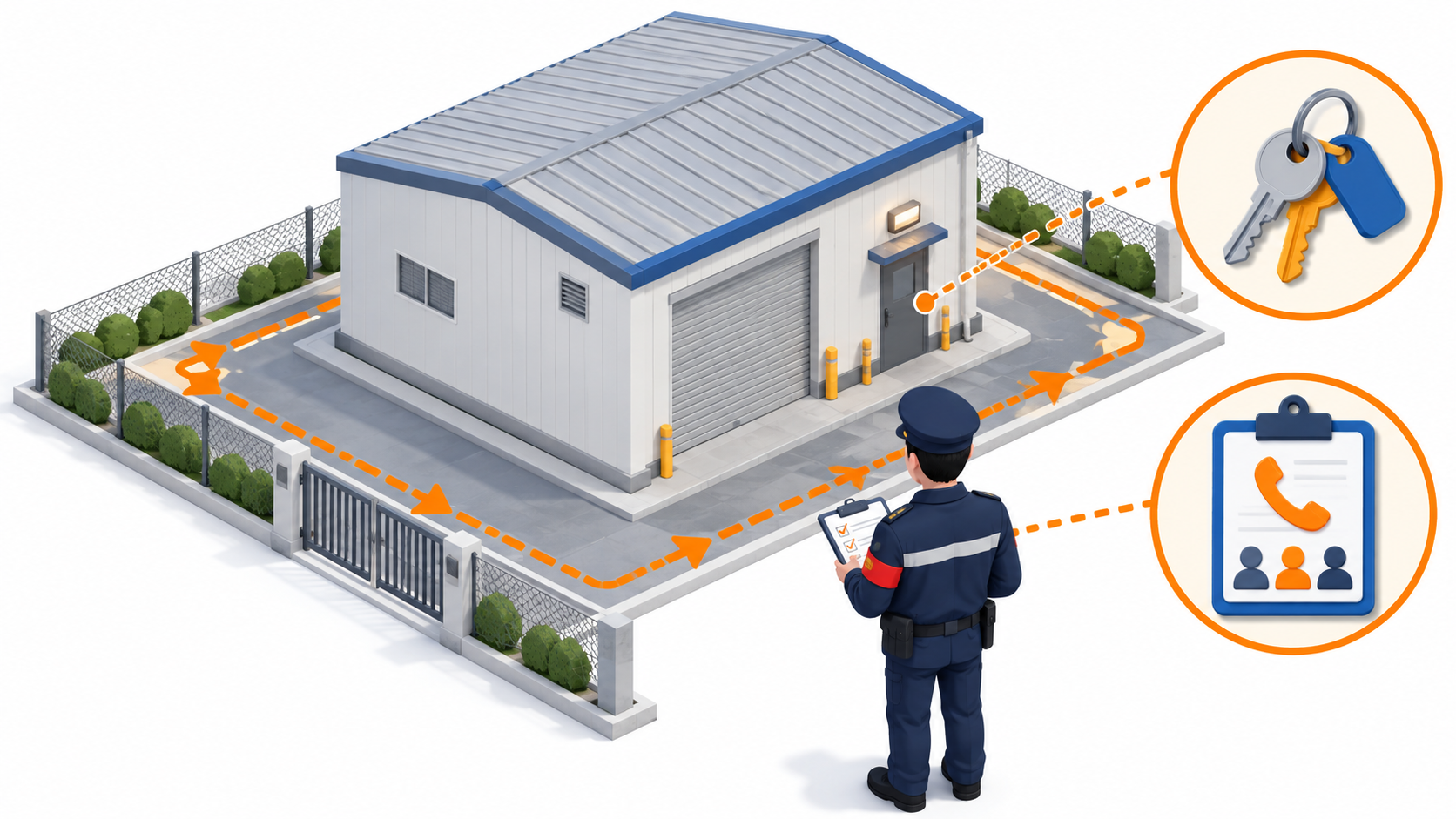 倉庫の鍵と緊急連絡先、消防の進入路を確認する一般的な図解
