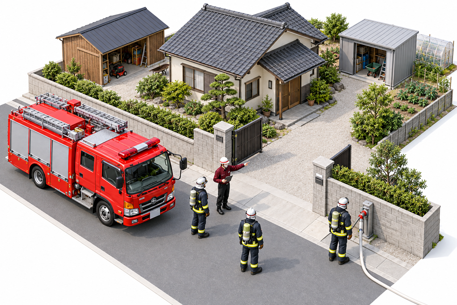 住宅と小屋の敷地で消防車両の進入経路を確保する一般的な図解
