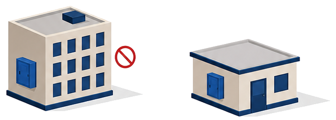 大きなビルと小さな建物を並べ大きい方の専用受電設備に禁止マークを付けたイラスト