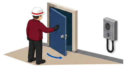 片手で軽く開く戸と壁に付いた通話装置のイラスト