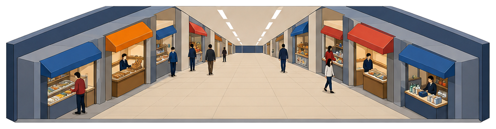 地下道の両側に小さな店舗が並ぶ準地下街の通路のイラスト