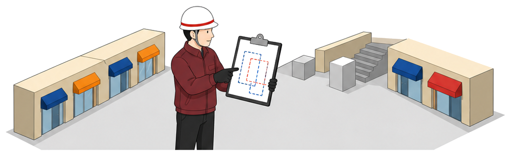 点検員が図面を見ながら準地下街の二つの面積枠を指で確認しているイラスト