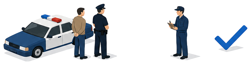 警察官が身柄を確保したあとも消防の調査員が本人に質問している図