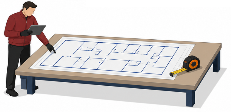 点検員がテナント一覧の図面をタブレットで確認しながら床面積を合計しているイラスト
