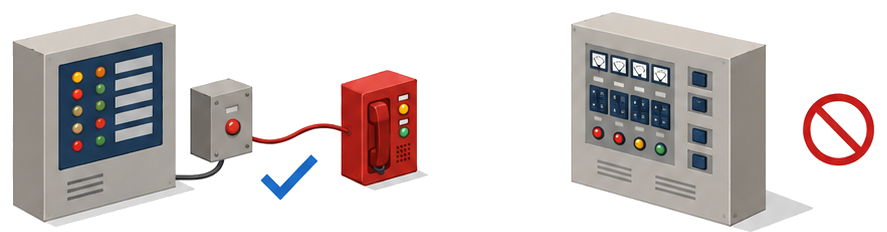 受信機の専用連動停止スイッチと、共用の操作盤を並べたイラスト