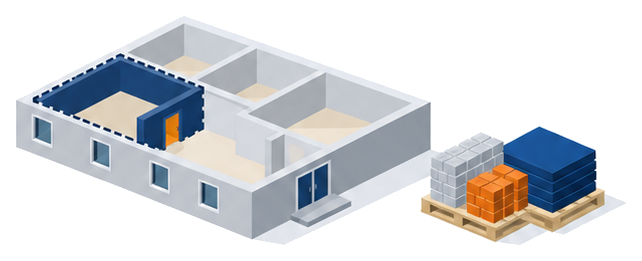 窓のない居室を厚い耐火構造の壁で囲った建物のイラスト