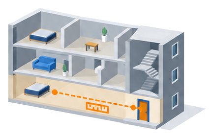 避難階を強調した建物断面と歩行距離を示す線のイラスト