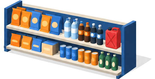 コンビニの棚に食品と並んでガソリンの缶詰が置かれている様子を示す図