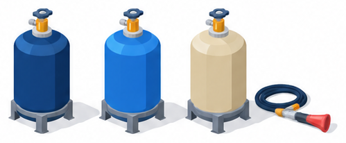 強化液と機械泡と浸潤剤等入り水の3種類の消火薬剤容器を並べたアイソメ図