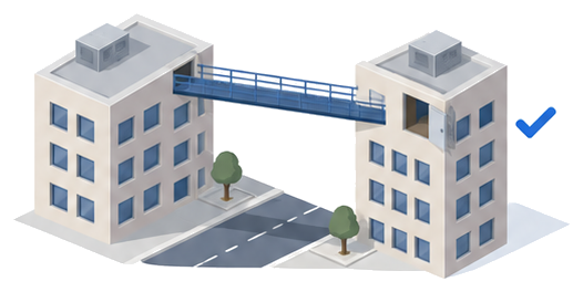 道路を挟んだ二つの建物を結ぶ避難橋と接続部の開口部の図