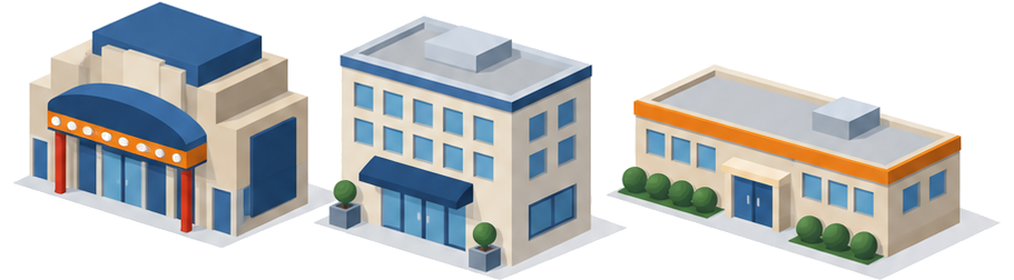 劇場と百貨店ホテルと学校事務所の建物が並ぶイラスト