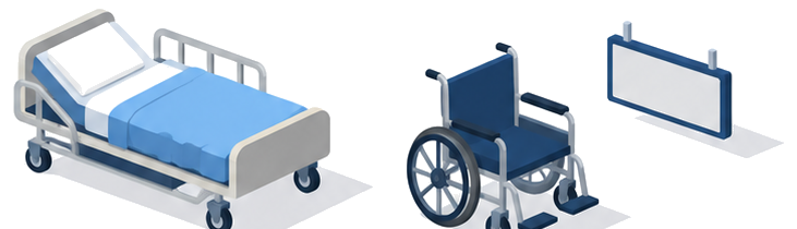 病院のベッドと車椅子と空欄の掲示板のイラスト