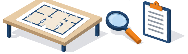 図面に虫眼鏡をあてチェックリストを確認するイラスト